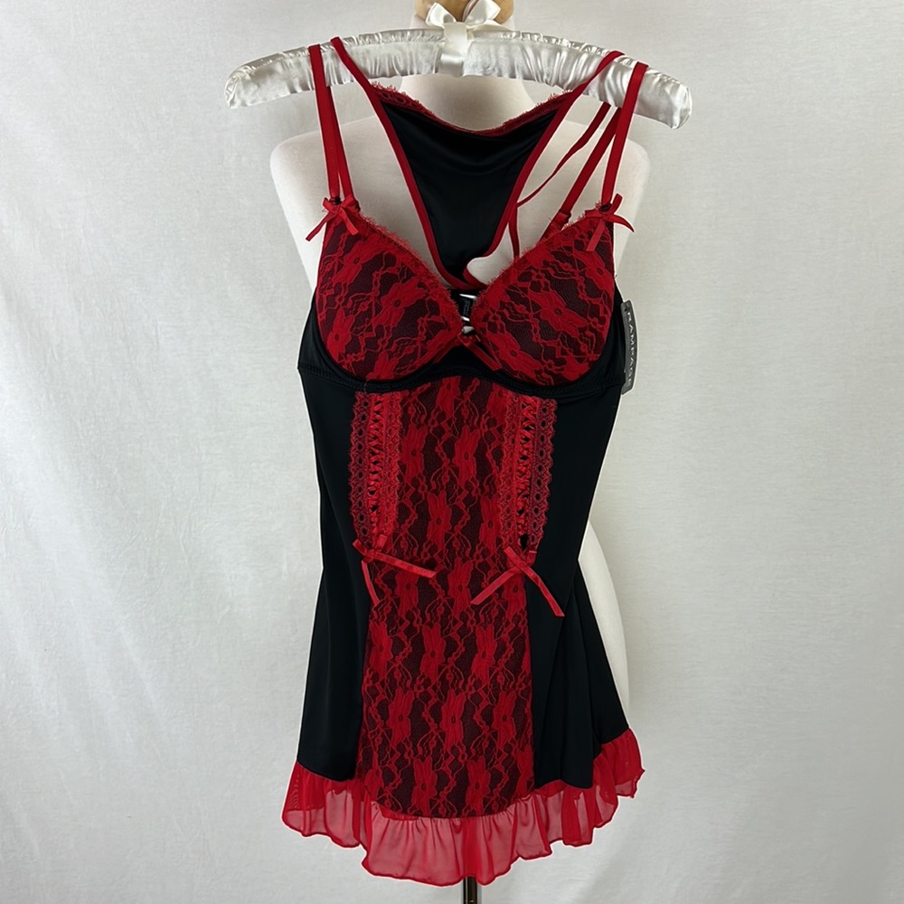 Rampage Intimates Lace Chemise & G-String Set, Size Large, Black/Red NWT